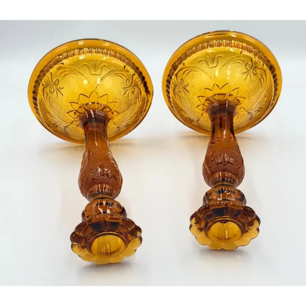 Brockway Indiana Glass Large Tiara Amber Sandwich Candlesticks 9